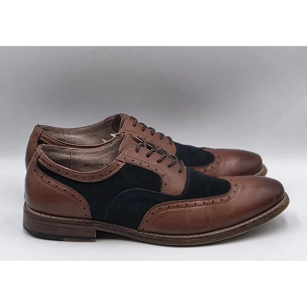Stacy Adams Wingtip Oxford Shoes Mens 10.5M Navy Tan Leather Suede Brogue